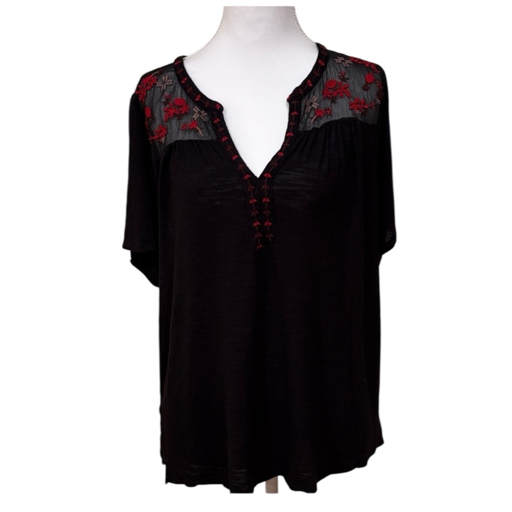 Lucky Brand Black Top with Red Embroidery